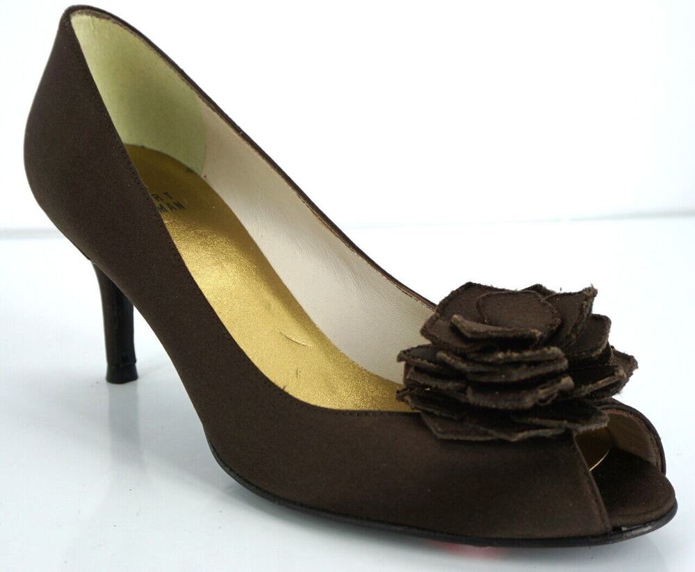 Stuart Weitzman Brown Satin Hojas bow Flower Peep Toe Heel Pumps size 6 $355